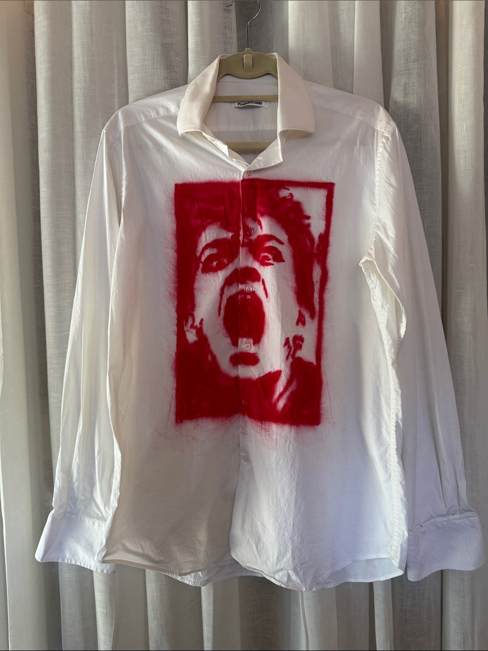 White Dress Shirt with Red Graphic Print - Men’s Long Sleeve